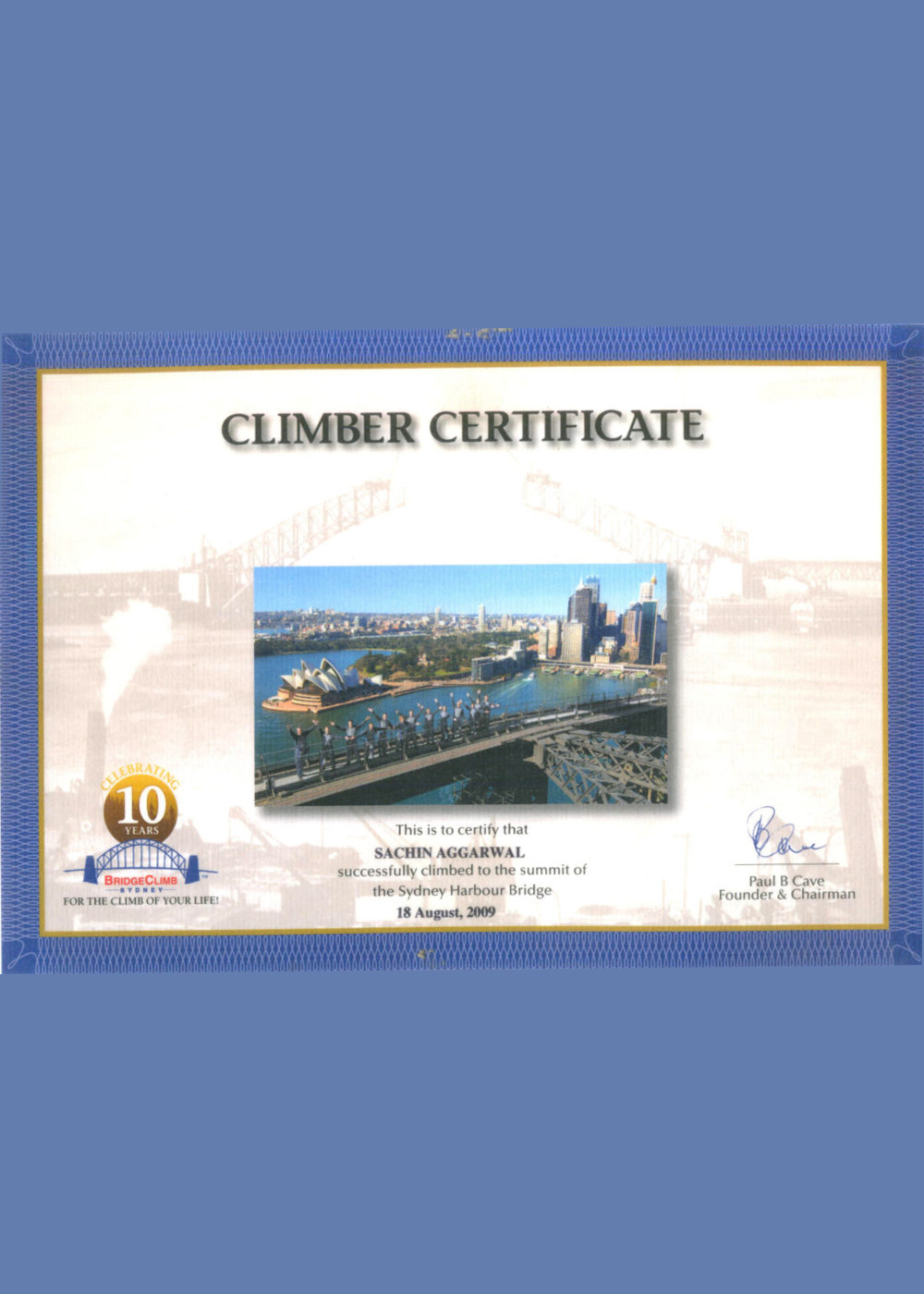 Climber Certificate The Sydney Harbour Bridge